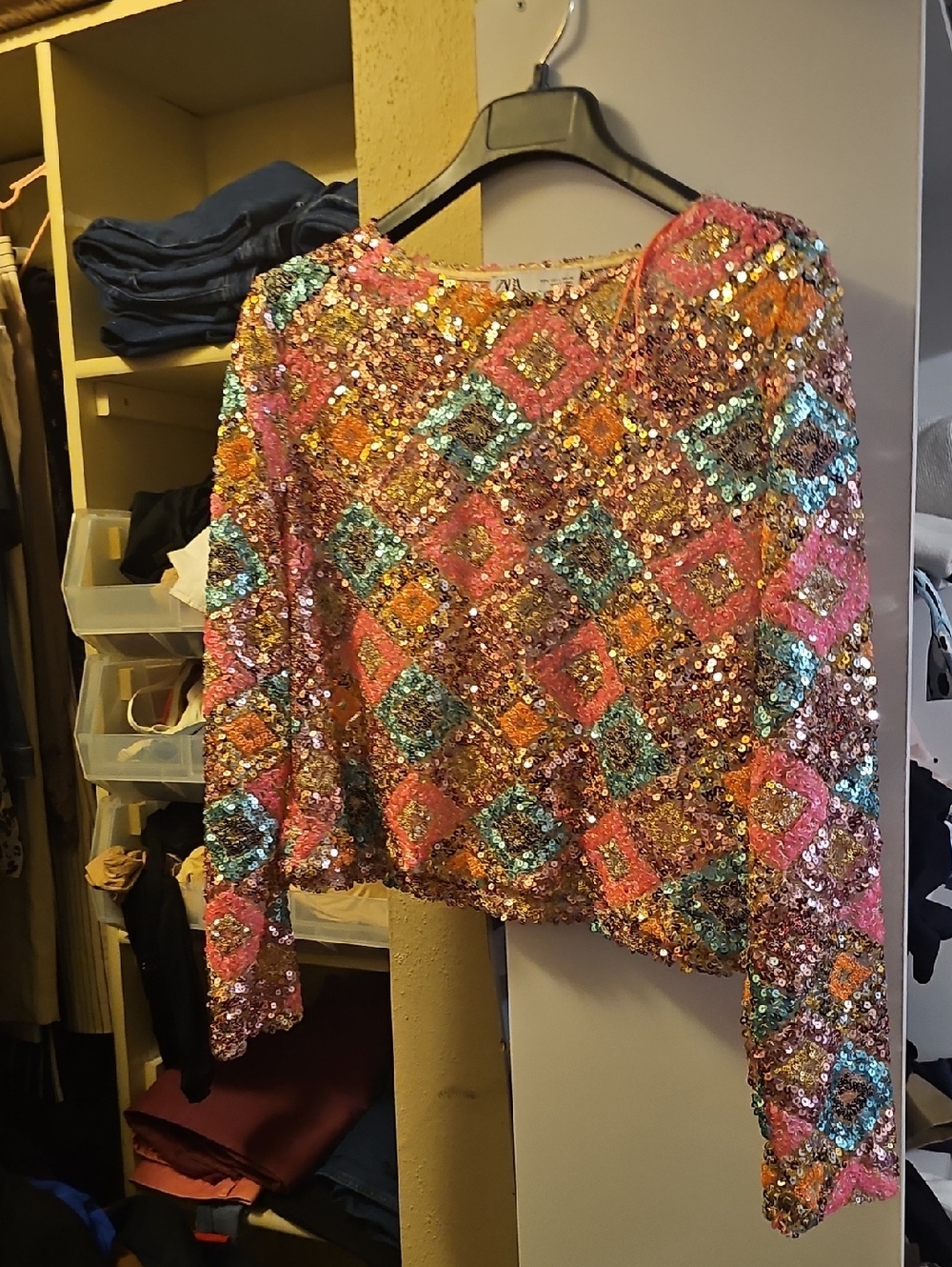 Zata Sequin Geometric Long-Sleeve Top - Multicolor Siz3 L